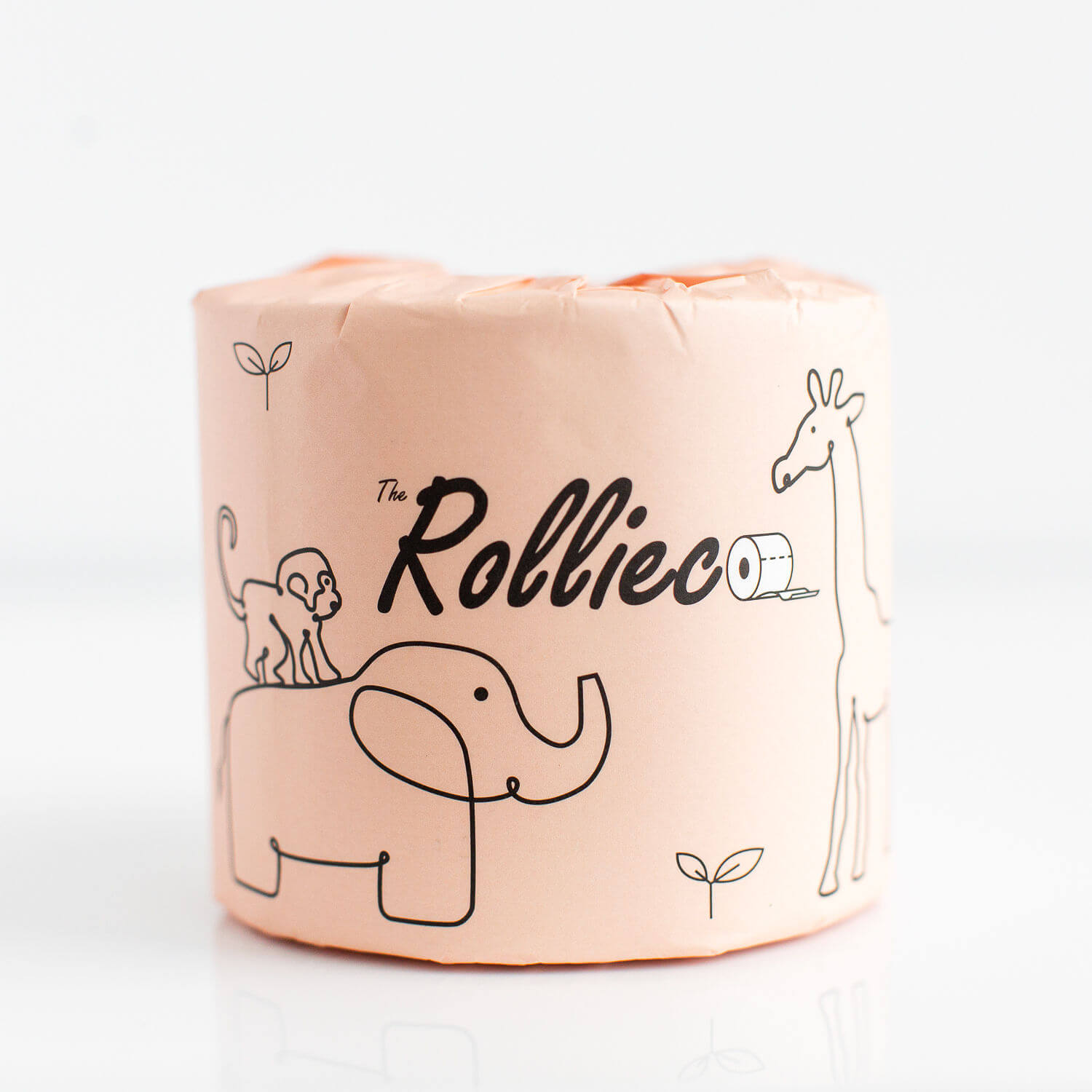 a roll of individually paper wrapped eco toilet paper branded The Rollieco. Wrapper is in pink and has cute animal design