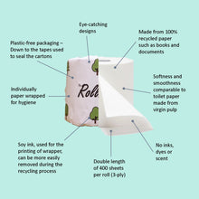 Load image into Gallery viewer, the rollieco branded eco toilet roll with multiple pointers showcasing the product features such as made from 100% recycled paper, smooth and soft, plastic free packaging, double length of 400 sheets per roll, 3 ply.
