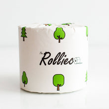 Load image into Gallery viewer, a roll of individually paper wrapped eco toilet paper branded The Rollieco. Wrapper is in white and cute trees design.

