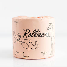 Load image into Gallery viewer, a roll of individually paper wrapped eco toilet paper branded The Rollieco. Wrapper is in pink and has cute animal design

